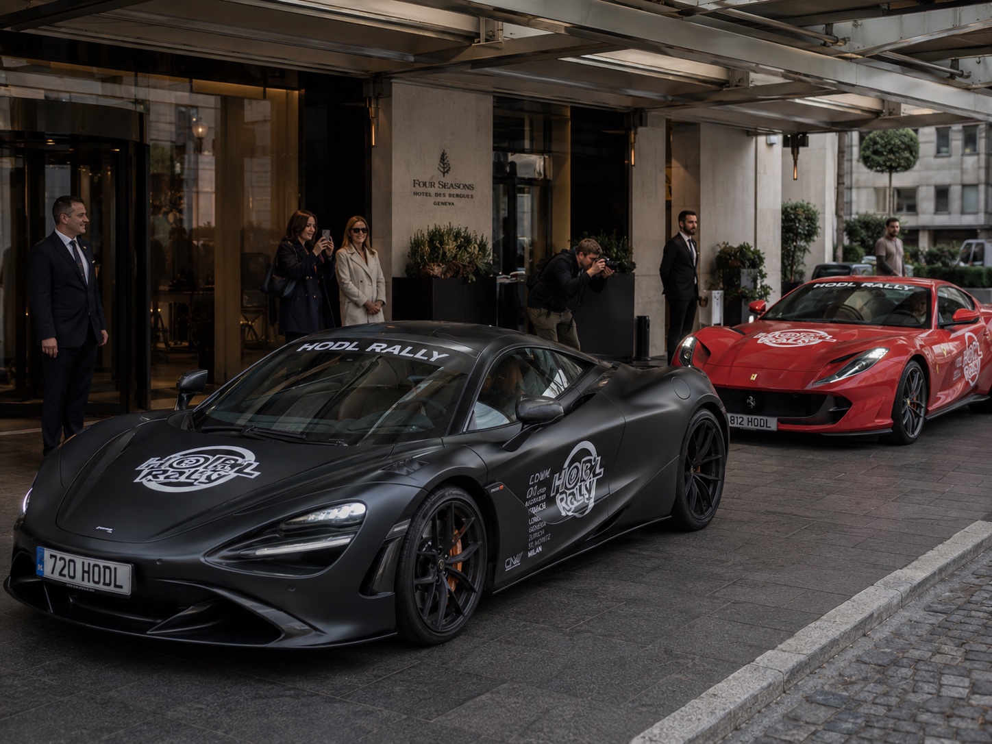 HODL Rally McLaren and Ferrari arriving at the Four Seasons Hotel des Bergues