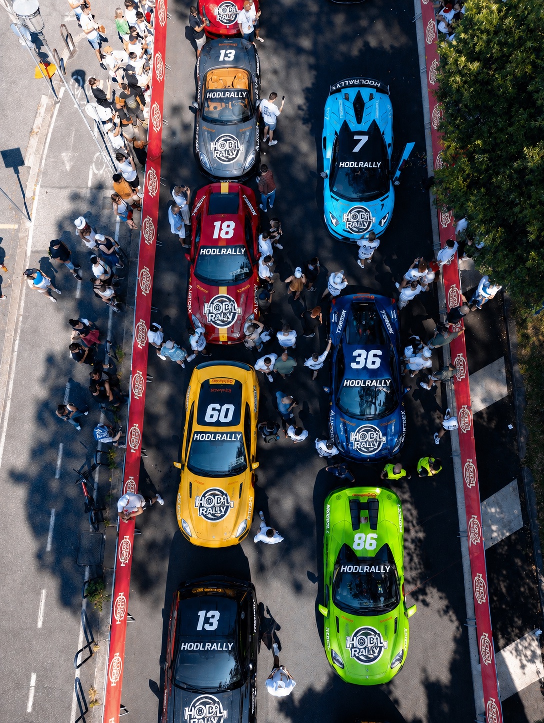 Aerial view of the HODL Rally full grid with official bonnet logos