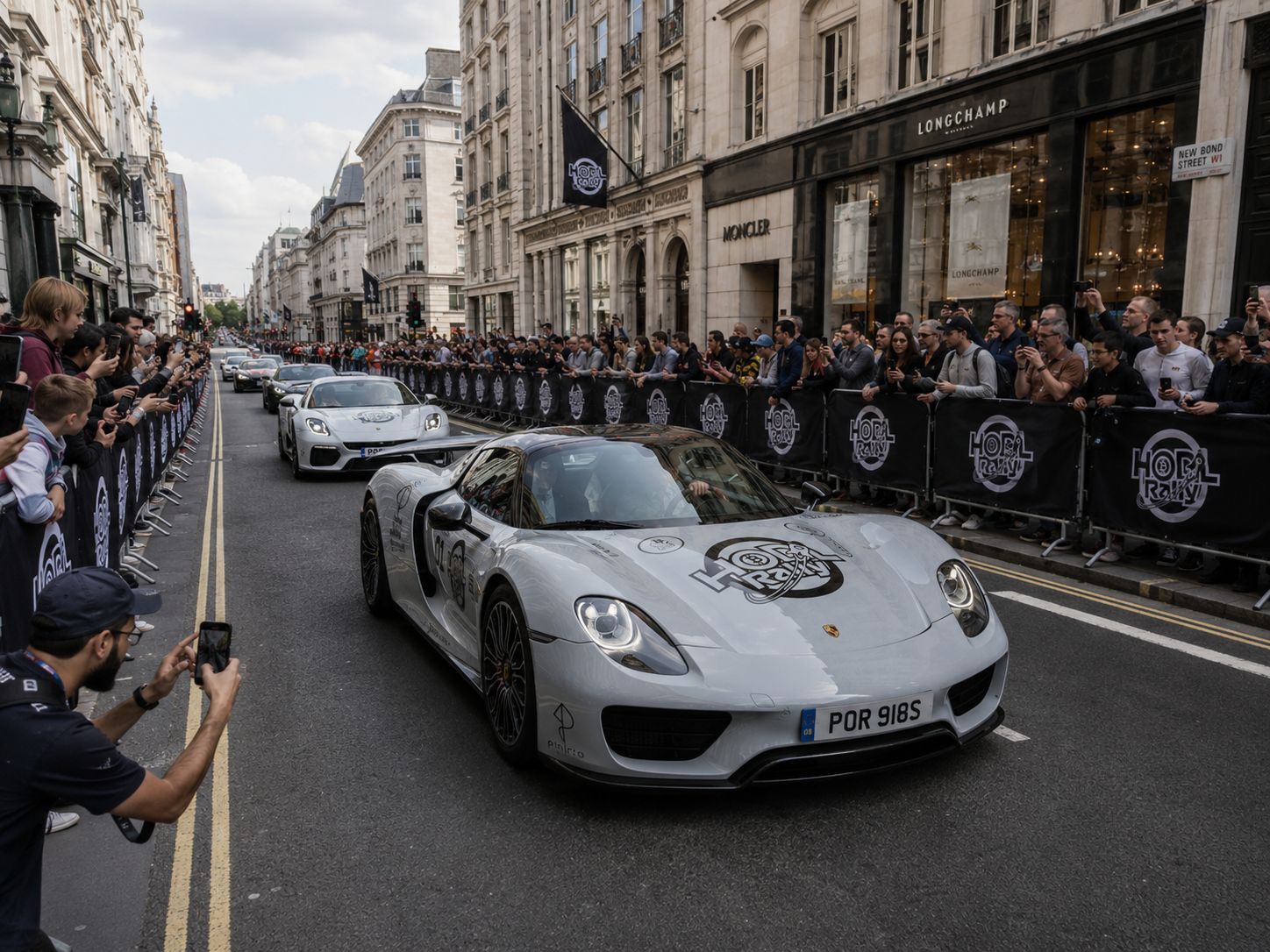 HODL Rally Porsche leading the convoy through Pall Mall in London