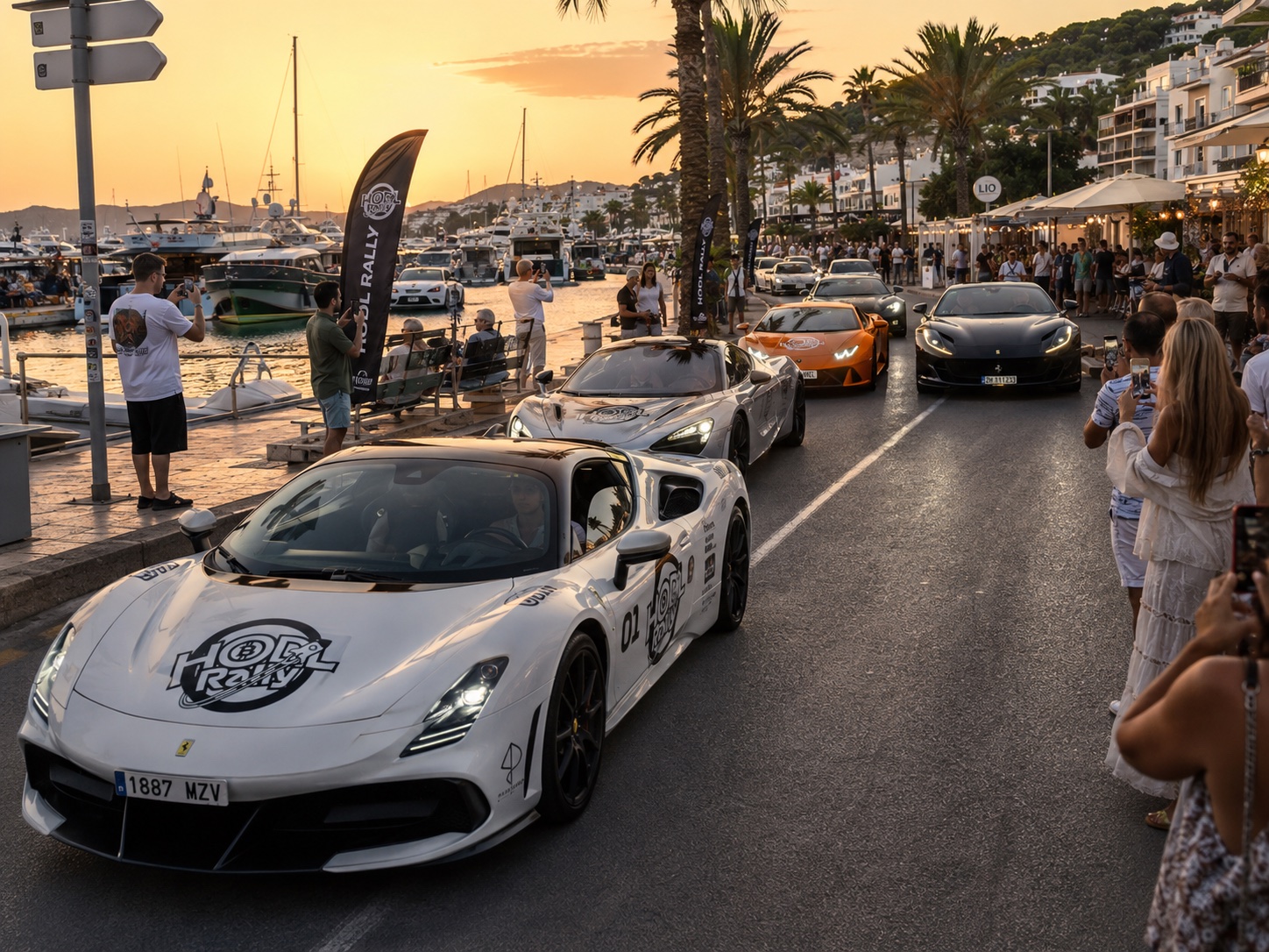 HODL Rally supercars beside a marina at sunset